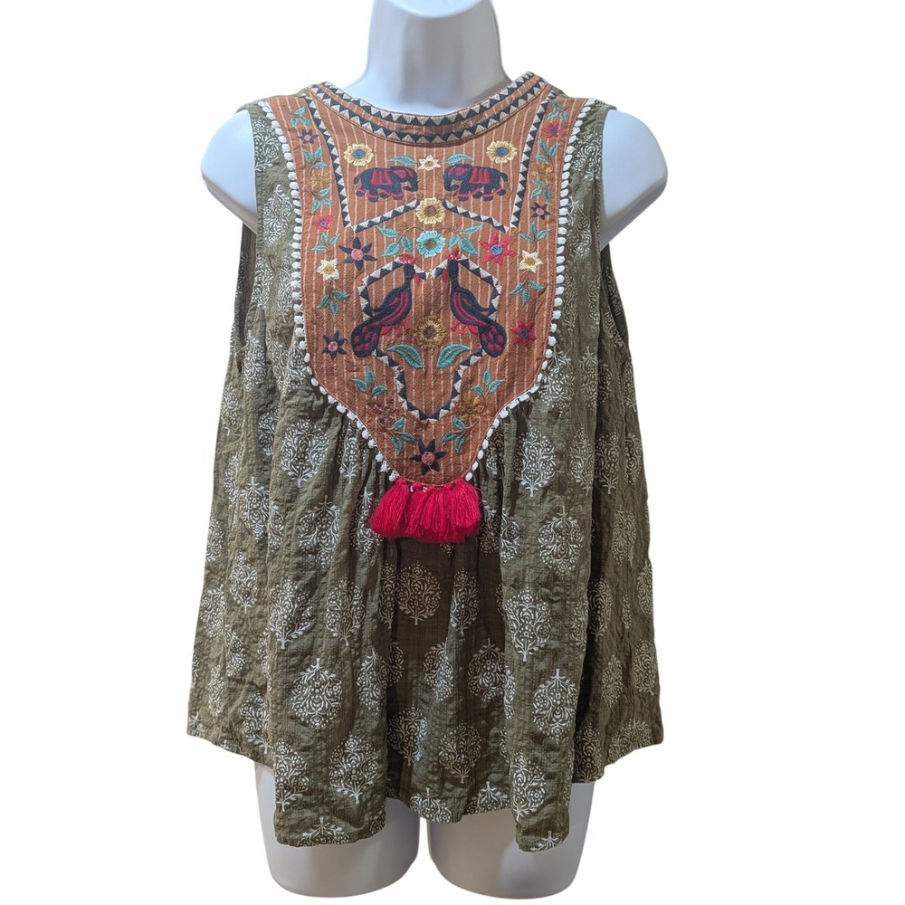 THML Embroidered Bib Elephant Bird Tassel Boho Sleeveless Top Olive Green L